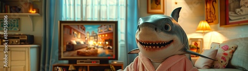 Create a cozy living room scene featuring a shark in a pink bathrobe  engrossed in a TV show  surrounded by pastel decor Use lighting and composition to create a surreal yet charming cinematic atmosph