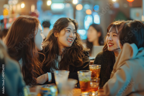 After a long day at the office, beautiful Korean businesswomen group gather at an izakaya to unwind. Clad in Private attire , they share stories, laughter, and sake,