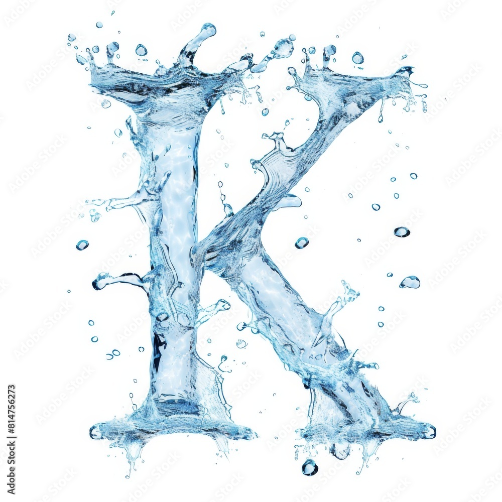 Dynamic splash of water forming the shape of the letter K, captured with high detail against a white background. Letter K water splash alphabet. This fluid typography concept is a creative blend of Dynamic splash of water forming the shape of the letter K, captured with high detail against a white background. Letter K water splash alphabet. This fluid typography concept is a creative blend of