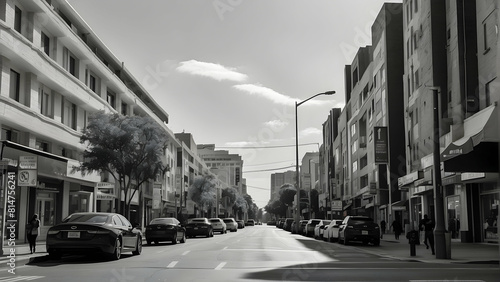 Black and white city street with parked cars