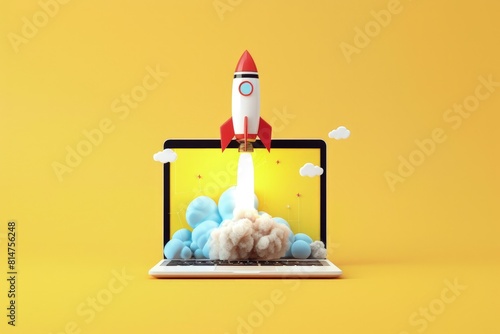 Wallpaper Mural Laptop with a rocket coming out of the screen, startup, business, technology concept. Torontodigital.ca