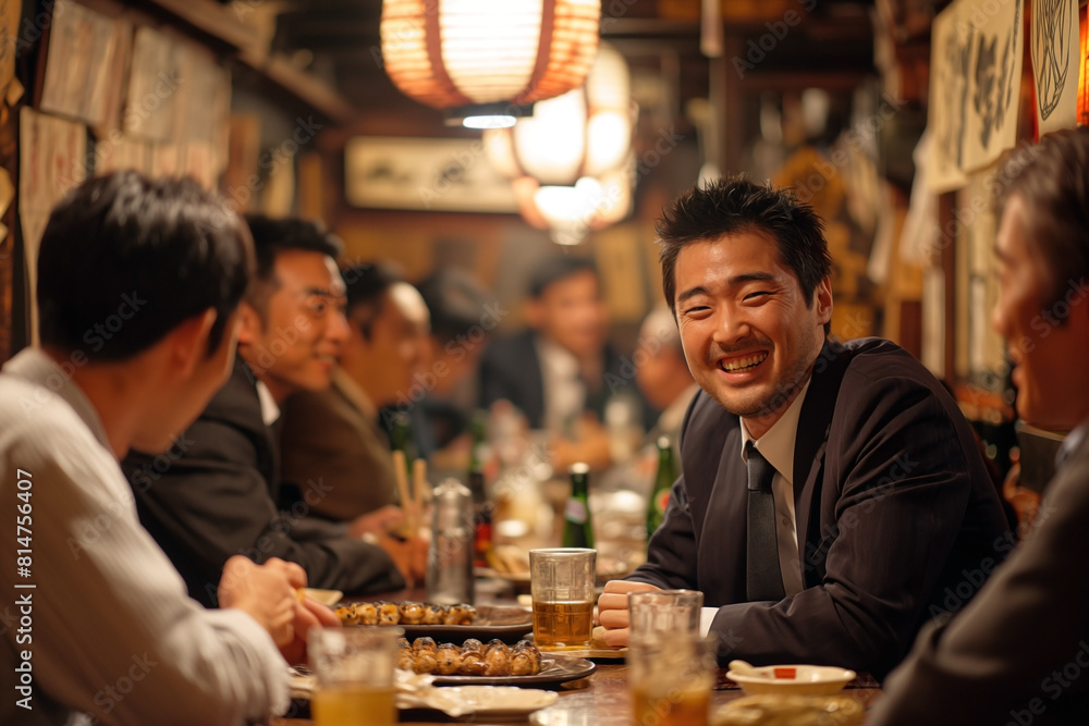 After a long day at the office, Japanese salarymen and businesswomen gather at an izakaya to unwind. Clad in suits, they share stories, laughter