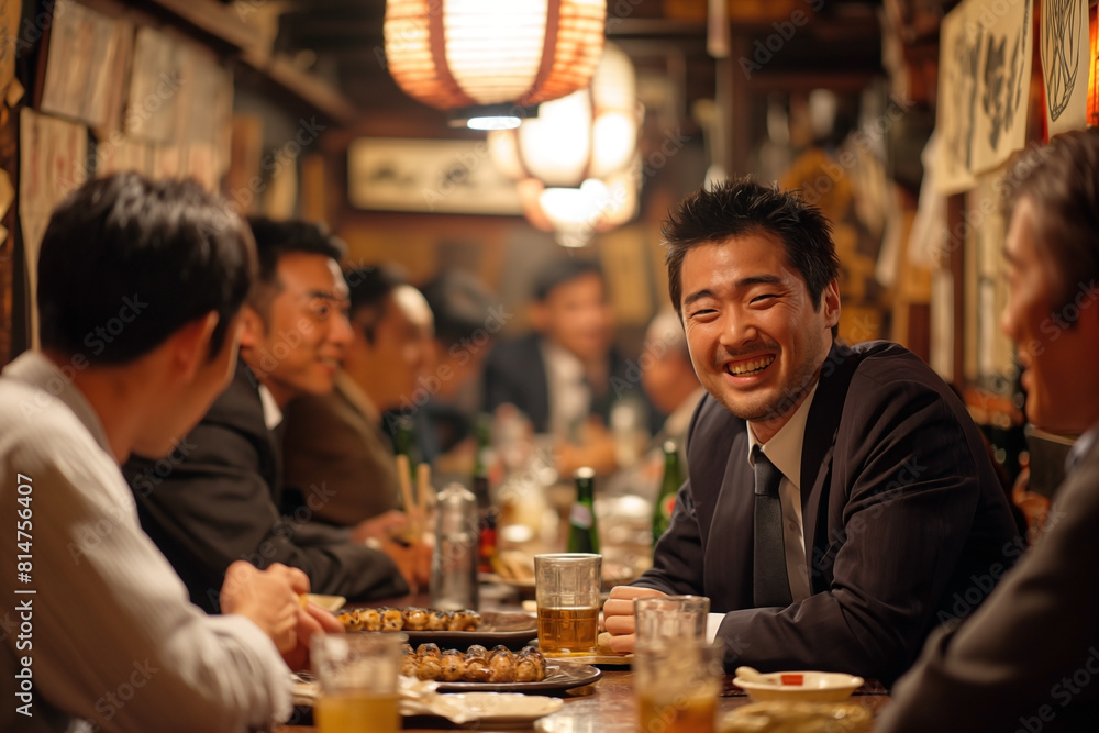 After a long day at the office, Japanese salarymen and businesswomen gather at an izakaya to unwind. Clad in suits, they share stories, laughter After a long day at the office, Japanese salarymen and businesswomen gather at an izakaya to unwind. Clad in suits, they share stories, laughter