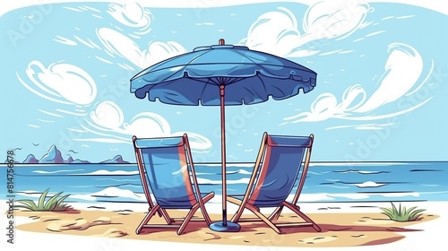 Beach chairs and umbrellas on the sandy shore. Relaxing vacation concept with lounge chairs by the sea