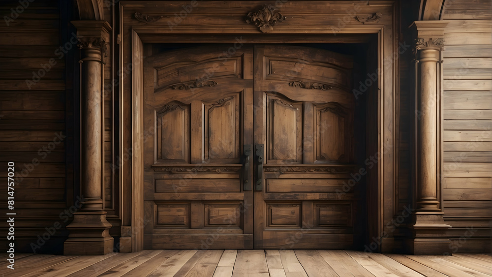 Carved wooden doors in a panel wall Carved wooden doors in a panel wall
