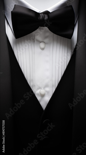 Photorealistic Mens Elegant Tuxedo Suit with Bow Tie. Illustration of Realistic Black Suit. Elegant back. photo