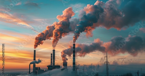Industrial chimneys emitting large cloud of white and gray smoke into the sky, air pollution, environmental pollution.