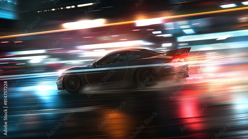 AI generated illustration of a car speeding through city streets on a rainy night