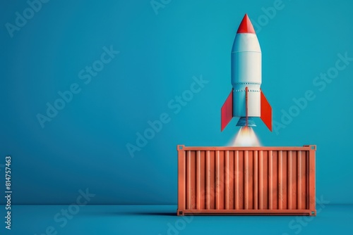 Rocket taking off from container, concept of startup, delivery, transportation.