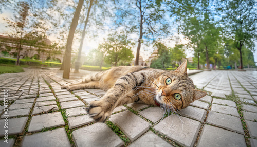 可愛い猫が秋の公園で遊んでいる