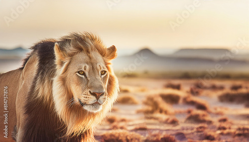 太陽を背に砂漠を歩くライオン photo