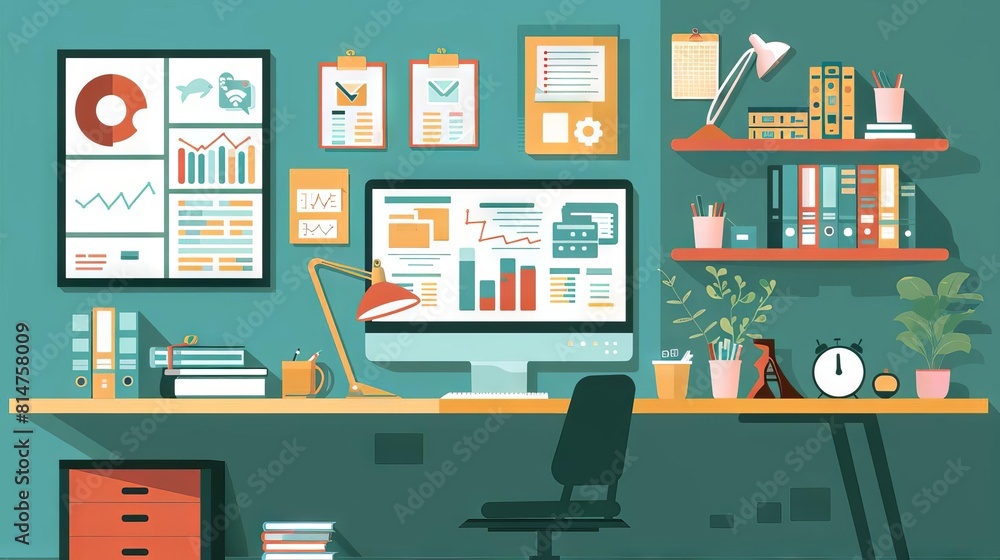 A remote teacher s desk with educational software on the screen, a digital whiteboard, and motivational posters A remote teacher s desk with educational software on the screen, a digital whiteboard, and motivational posters