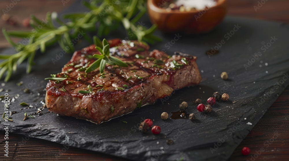 Steak with herbs and spices on a dark slate, restaurant style. Steak with herbs and spices on a dark slate, restaurant style.