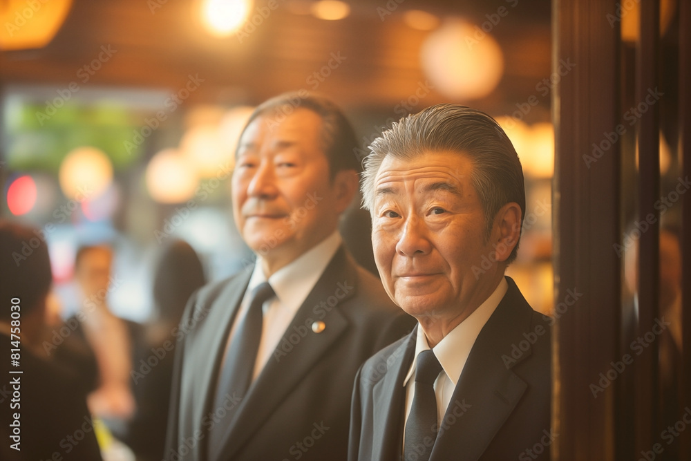 two Asian businessmen as they stride through the restaurant door two Asian businessmen as they stride through the restaurant door
