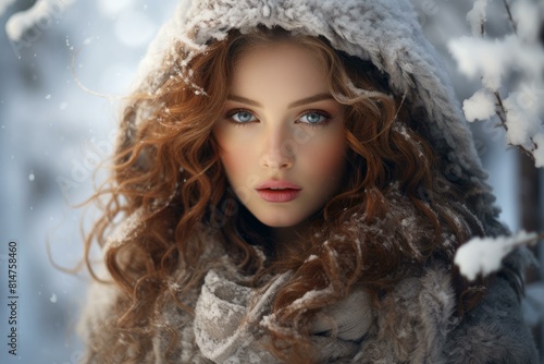 Mesmerizing young lady with curly hair and blue eyes in a snowy winter setting