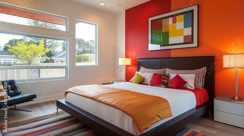 A contemporary bedroom with a vibrant accent wall and a modern art print photo