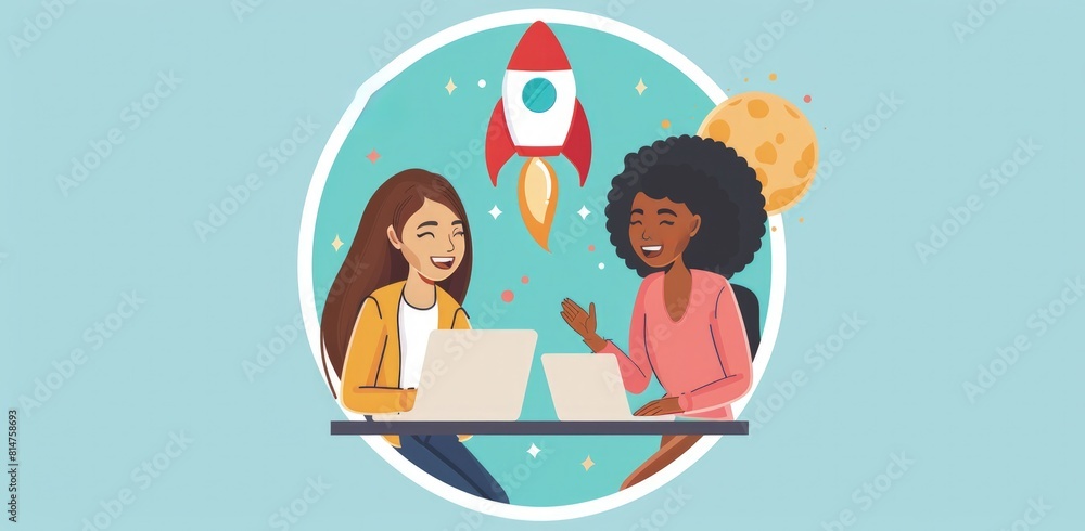 Fototapeta premium Two women smiling and talking while working at their home office desk, cartoon rocket in the background, startup, business.