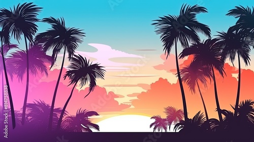 Tropical sunset panorama with palm trees silhouetted against a colorful sky.
