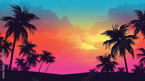 Tropical sunset panorama with palm trees silhouetted against a colorful sky.