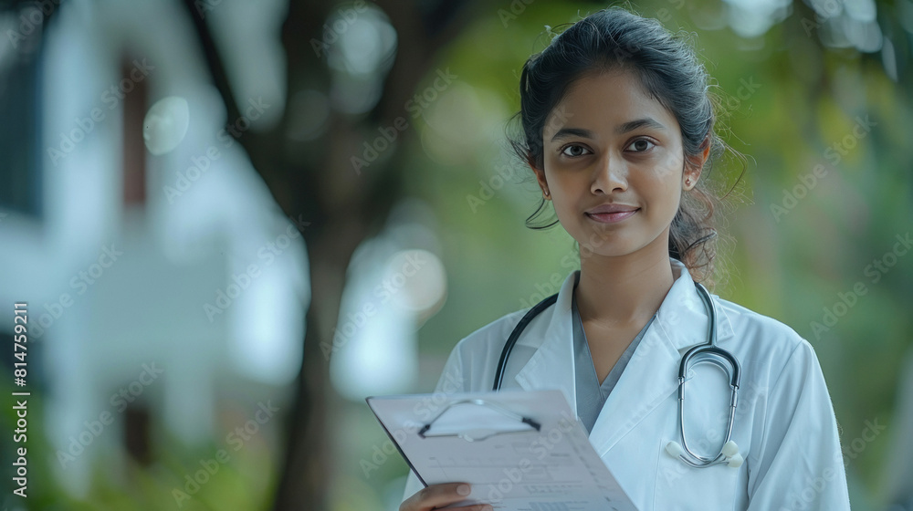 indian female doctor, holding patient paper or medical report indian female doctor, holding patient paper or medical report