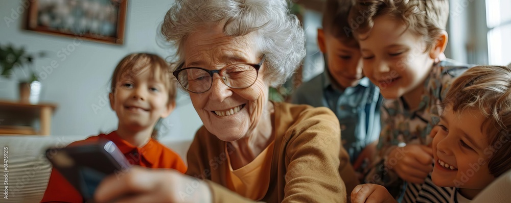 A senior woman at home, smiling as she makes her first online purchase on a smartphone, surrounded by her grandchildren