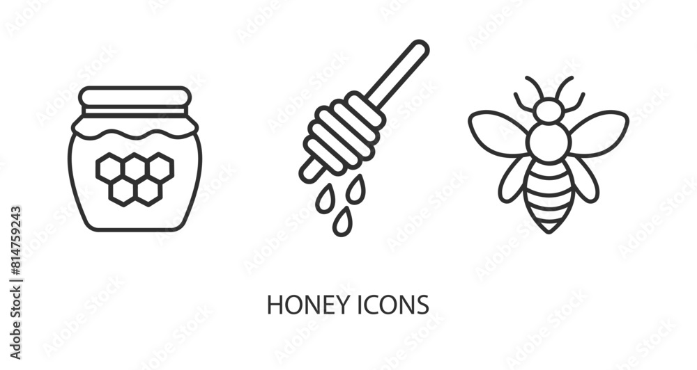 Vector honey stick icon, jar with honey icon, bee icon in solid, gradient and line styles. Trendy colors. Isolated on a white background. Editable stroke