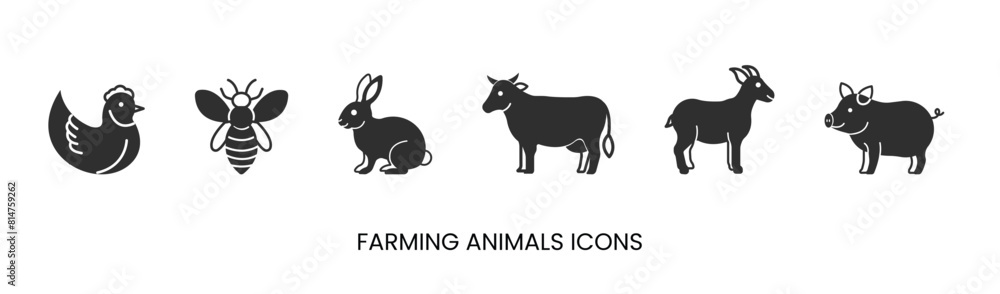 Vector chicken, bee, rabbit, cow, goat, pig, meat icons solid, farm animals. Trendy colors. Isolated on a white background. Editable stroke