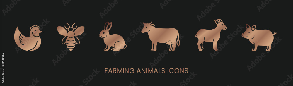 Obraz premium Vector chicken, bee, rabbit, cow, goat, pig, meat icons solid bronze style, farm animals. Trendy colors. Isolated on a white background. Editable stroke