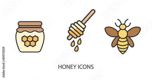 Vector honey stick icon, jar with honey icon, bee icon in solid, gradient and line styles. Trendy colors. Isolated on a white background. Editable stroke