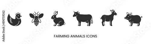 Vector chicken  bee  rabbit  cow  goat  pig  meat icons solid  farm animals. Trendy colors. Isolated on a white background. Editable stroke