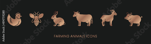 Vector chicken, bee, rabbit, cow, goat, pig, meat icons solid bronze style, farm animals. Trendy colors. Isolated on a white background. Editable stroke