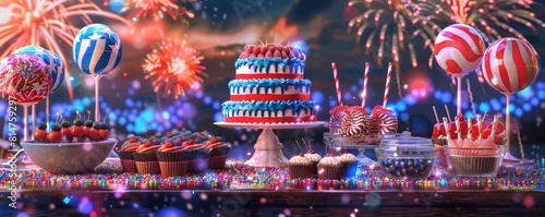 A backyard barbecue featuring a dessert table with a cake decorated in the Stars and Stripes motif for the 4th of July