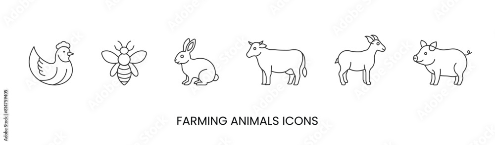 Vector chicken, bee, rabbit, cow, goat, pig, meat icons, farm animals. Trendy colors. Isolated on a white background. Editable stroke