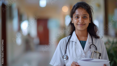 indian female doctor, holding patient paper or medical report photo