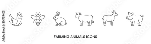 Vector chicken, bee, rabbit, cow, goat, pig, meat icons, farm animals. Trendy colors. Isolated on a white background. Editable stroke © kateluck71