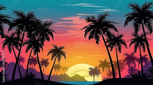 Tropical sunset panorama with palm trees silhouetted against a colorful sky.