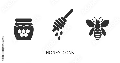 Vector honey stick icon, jar with honey icon, bee icon in solid, gradient and line styles. Trendy colors. Isolated on a white background. Editable stroke