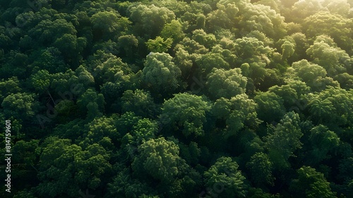 view from above of a green forest in the morning, green trees in the woods, summer forest, forest landscape