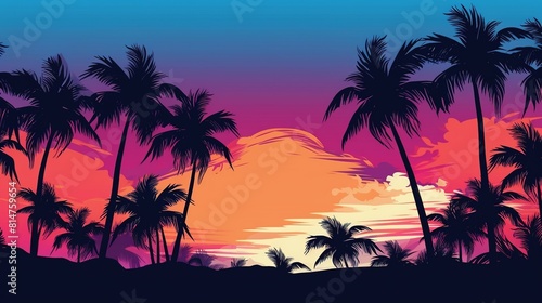 Tropical sunset panorama with palm trees silhouetted against a colorful sky.