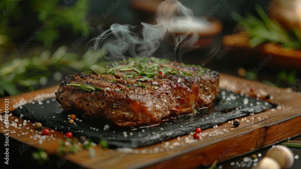 Sizzling steak on a stone board, rustic setting with natural herbs.