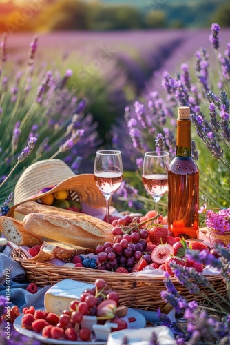 Picnic in a lavender field. Selective focus.