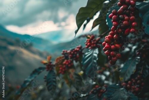 Coffee plant with red coffee beans on a tree in the mountains  closeup  blurred background  sunny day  blue sky and clouds  green mountain landscape. Commercial photo  soft light  high resolution.