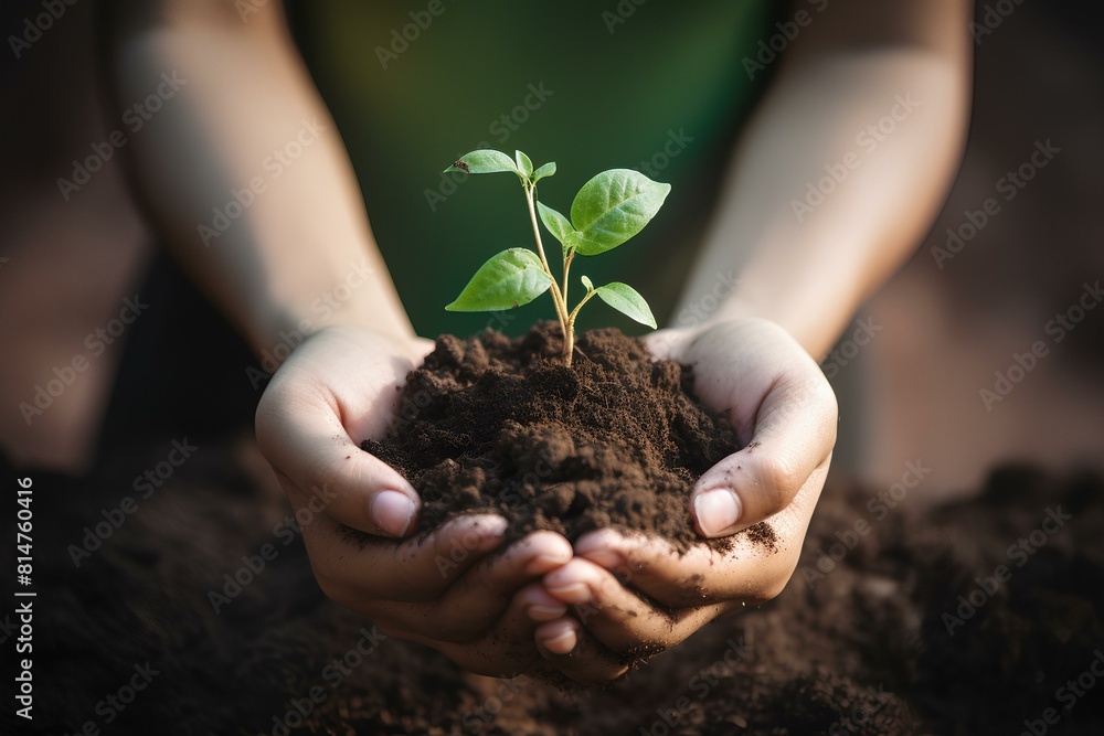 Hands holding a green plant seedling on a black background. A shoot of a young plant on the palms with a handful of earth. Concept: the power of growth, the roots of success Hands holding a green plant seedling on a black background. A shoot of a young plant on the palms with a handful of earth. Concept: the power of growth, the roots of success