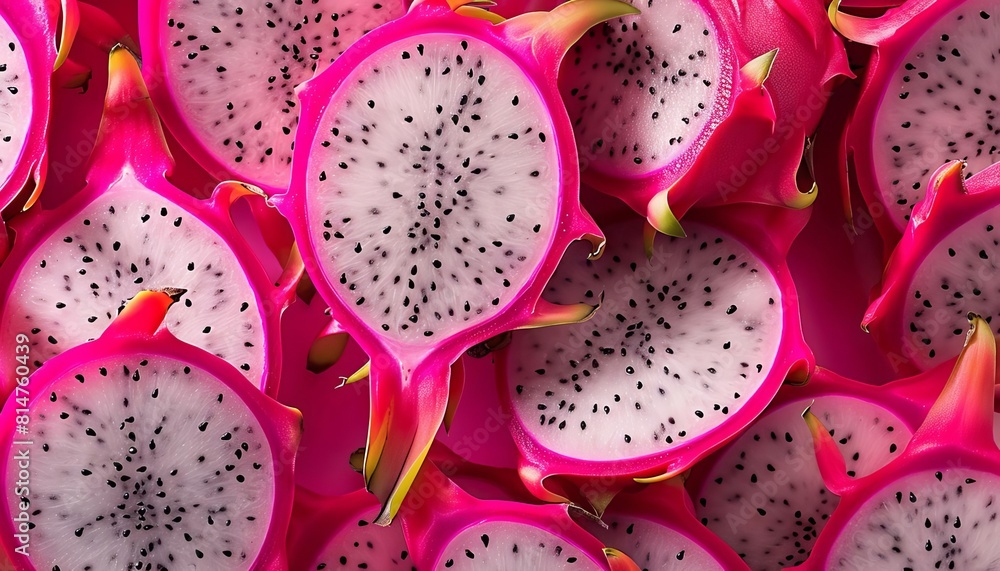 A sliced dragon fruit with its vivid pink skin and dotted black seeds, offering a tropical feel A sliced dragon fruit with its vivid pink skin and dotted black seeds, offering a tropical feel