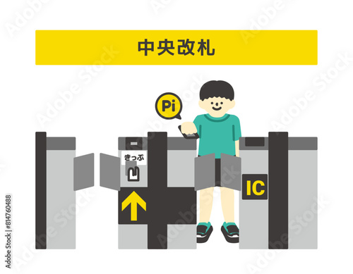 改札口で交通系ICカードでタッチする男の子