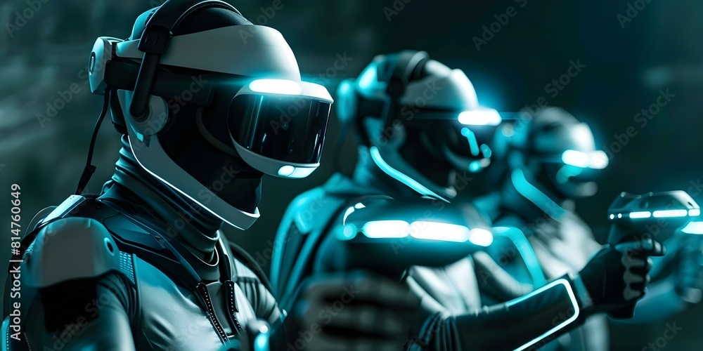 Gamers in VR headsets and motion suits explore interactive scifi worlds. Concept VR Gaming, Motion Suits, Scifi Worlds, Gamers, Interactive Adventure Gamers in VR headsets and motion suits explore interactive scifi worlds. Concept VR Gaming, Motion Suits, Scifi Worlds, Gamers, Interactive Adventure