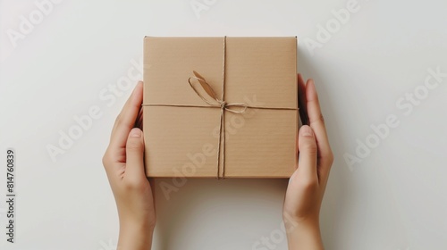 Hands Holding Cardboard Package on White Background