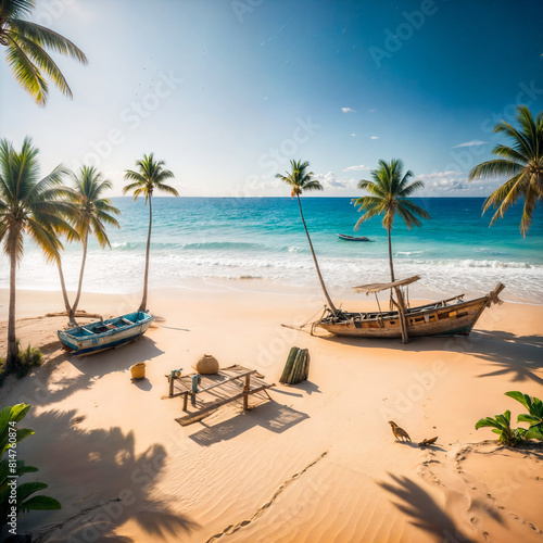 A tropical beach with palm trees  wooden boats  and lounge chairs on the sand. The clear blue sky and turquoise ocean create a serene and idyllic beach scene.