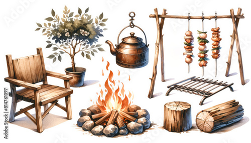 Cozy outdoor camping scene with a wooden chair  campfire  hanging kettle  and food roasting on a spit  evoking rustic adventure and self-reliance