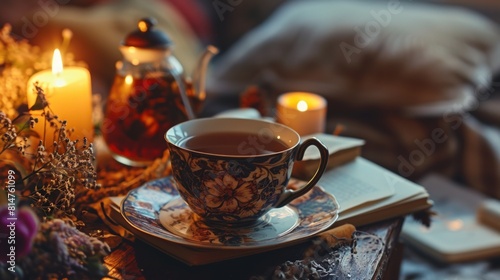 Cup of tea, book and candles on a wooden table